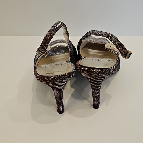 Stuart Weitzman Shimmering Gold Silver Peep-Toe Heels - Picture 4 of 12